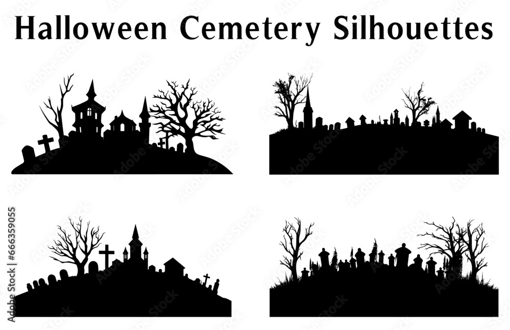 Halloween cemetery Silhouette Vector illustration, Halloween night vector background, Scary spooky cemetery with graves