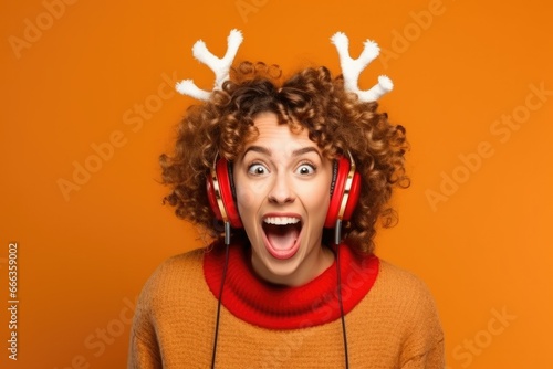  curly lady excited to meet x-mas and wearing  reindeer antlers headband photo