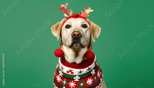 Canvas Print dog , wearing sweater and reindeer headband christmas