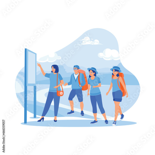 A group of tourists goes on a tourist trip. They gathered to listen to the guide tell them about the site. Tourist Guide concept. trend modern vector flat illustration