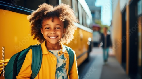 Girl portrait view with school bus background 