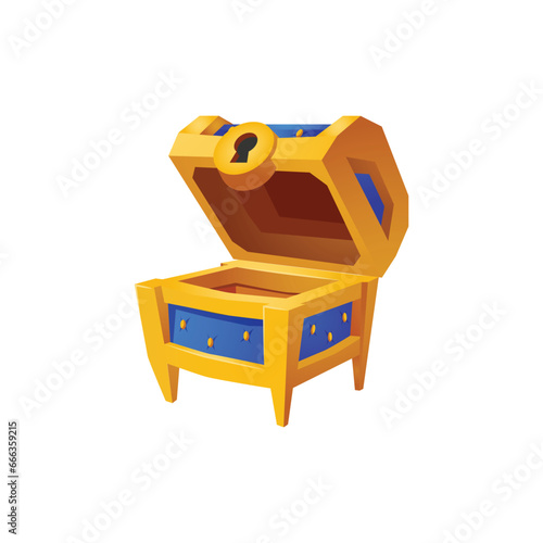 Cartoon game blue chest with golden frame, empty treasure box, vector open medieval ancient chest, game pirate element