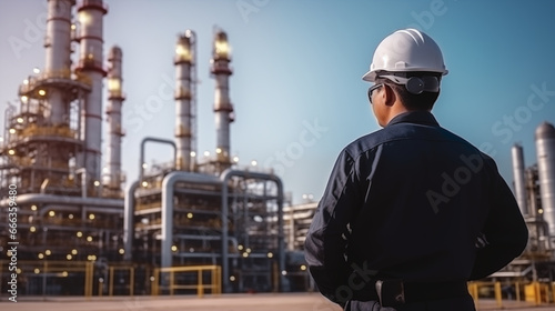 portrait of a male engineer in front of a refinery plant