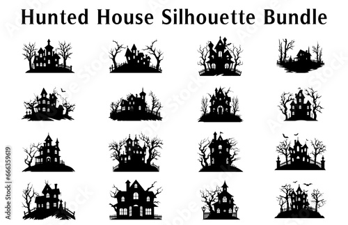 Scary Halloween Haunted House Silhouette Vector illustration Set