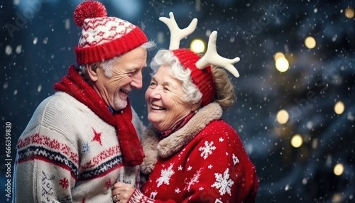 elderly couple wearing santa christmas sweater 