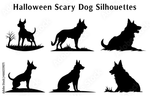 Halloween Scary Dog Vector Silhouettes bundle, Set of silhouettes of Halloween evil Black Dogs