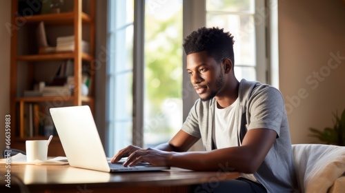 Happy African American teen student elearning at home on pc, writing notes. Smiling teenage girl using laptop watching webinar, hybrid learning english online virtual class, sitting at home table photo