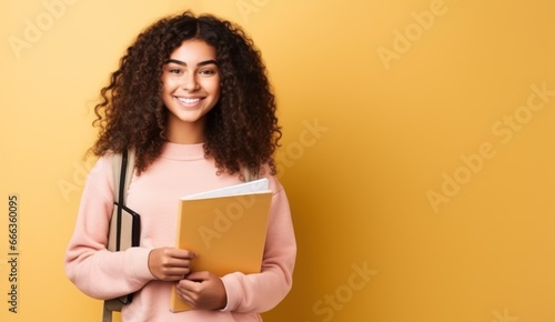 Sweet student girl rejoices at new lessons,female excited about training seminar isolated on bright purple background, looking at camera