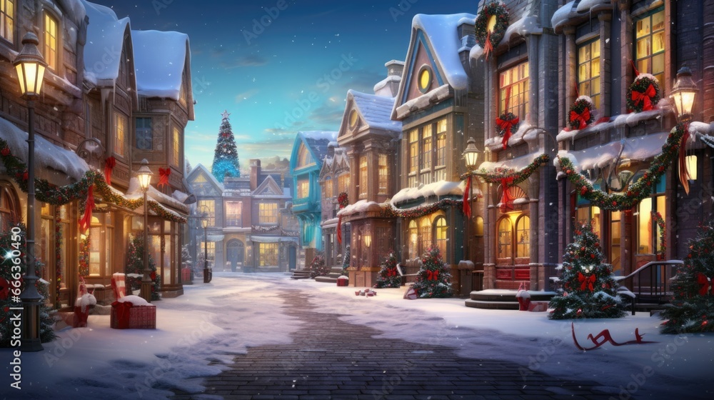 Winter evening in city with decorated storefronts, glowing trees, and bustling streets. Festive city atmosphere. Winter evening in city with decorated storefronts, glowing trees, and bustling streets. Festive city atmosphere.