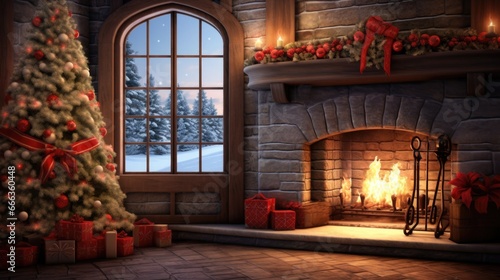 Illuminated Christmas tree, cozy fireplace, stockings, and snowy view. Traditional holiday mood. © Postproduction