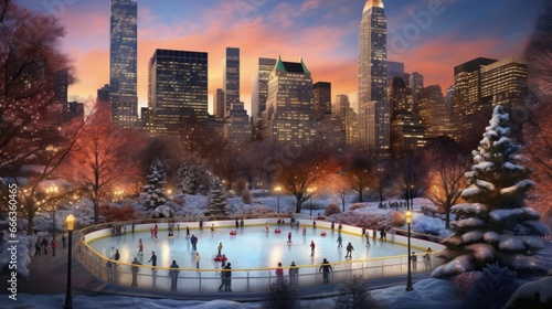 Cityscape with modern buildings behind winter park, Ice skaters in snow covered area, Urban winter leisure.