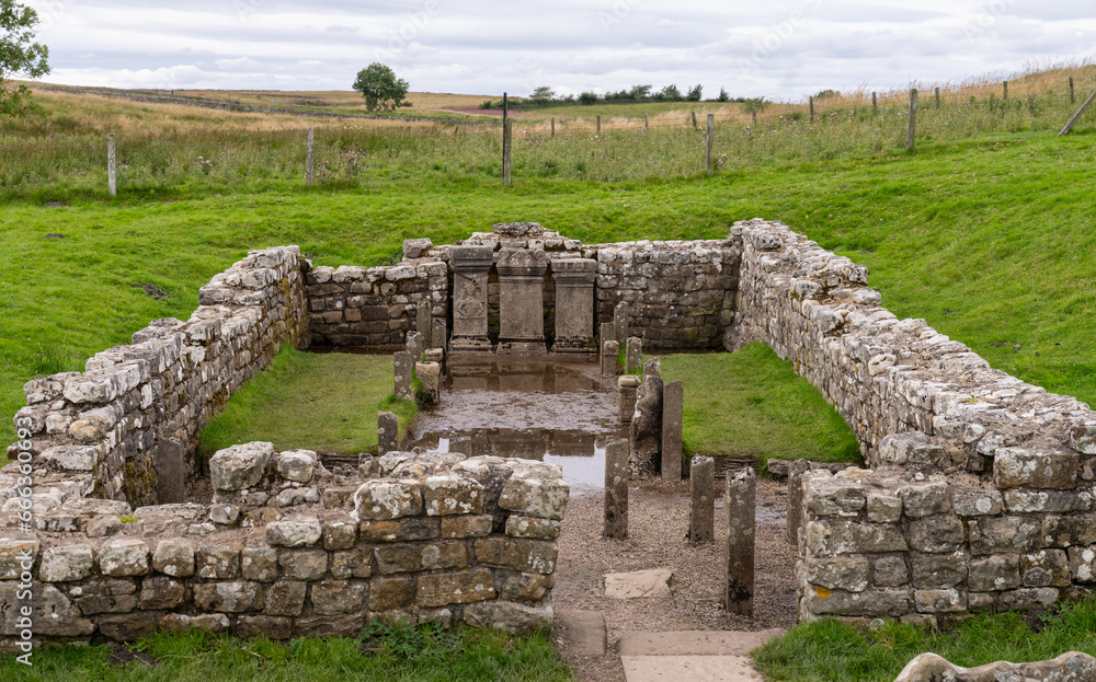 ancient Roman Temple of Mithras at Crawburgh Roman Fort, on Hadrian's Wall Path near Carraw, Northumberland, UK