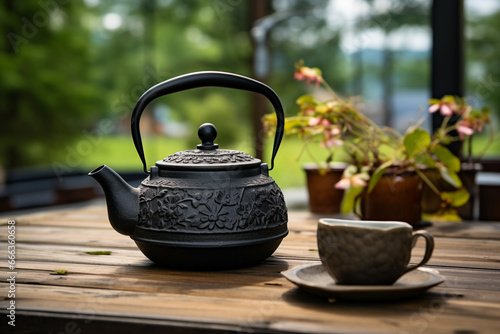 Black Iron Asian Teapot on Wooden Table