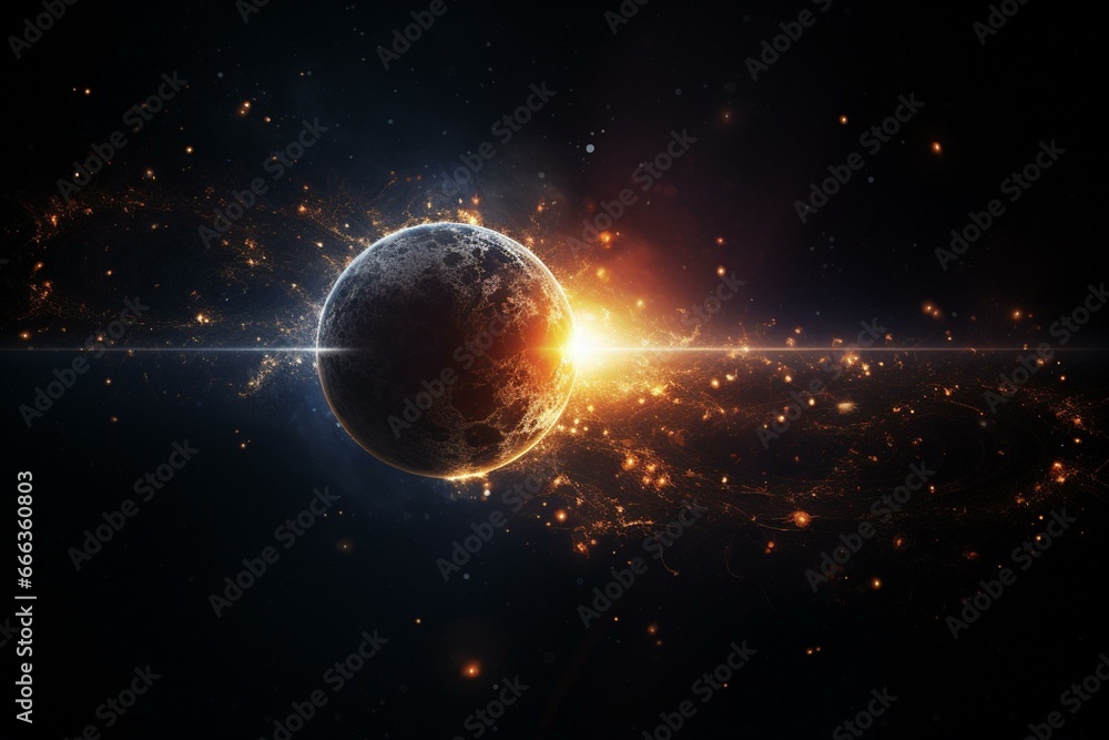 Sun and Earth in dark background. Keywords: celestial, space, cosmic, astral, orbit, stellar, celestial bodies, eclipse, solar system, celestial objects, cosmos. Generative AI