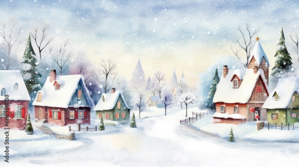 Fototapeta premium Quaint snowy settlement, nestled among trees with mountains in distance. Rustic winter charm.