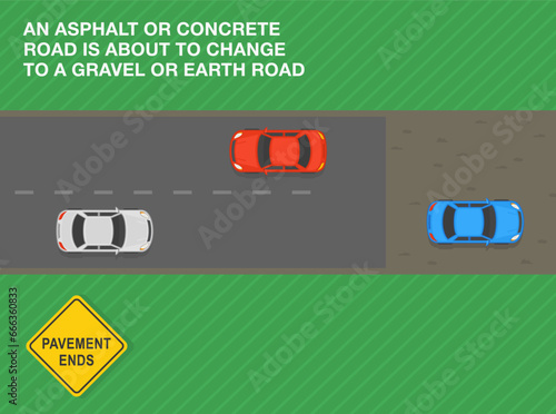 Safe driving tips and traffic regulation rules. An asphalt or concrete road is about to change to a gravel road. Top view of a traffic flow. Flat vector illustration template.