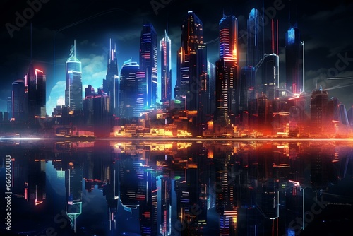 Fluorescent metropolis nightscape  futuristic skyscrapers. Generative AI