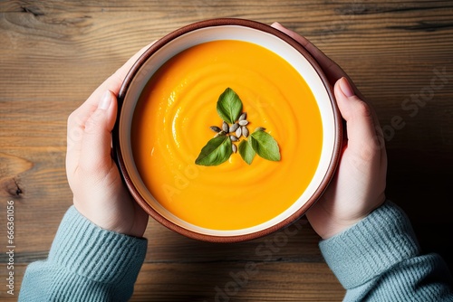 Hands holding hot cream soup on the wooden table