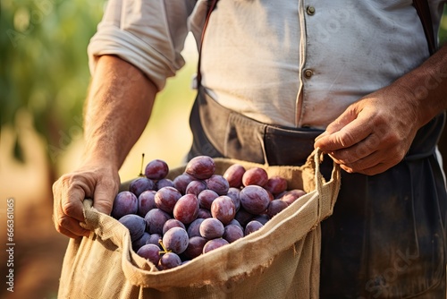 Close-up of a senior man worker with a harvest bag full of red grapes