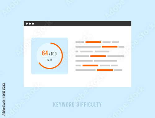Keyword Difficulty gauges search engines first-page ranking difficulty on 0-100 scale. SEO Keyword difficulty metrics vector isolated illustration on blue background with icons