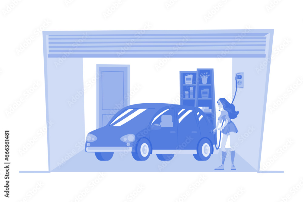Woman Charging an electric car at home Woman Charging an electric car at home