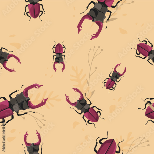 European stag beetle seamless pattern print vector
