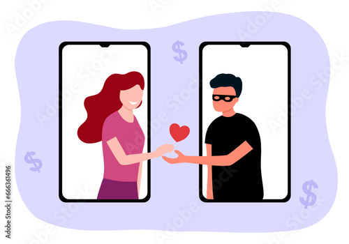 Girl and scammer guy on mobile screen. Online dating scam on smartphone mobile app in flat design. Phone phishing.