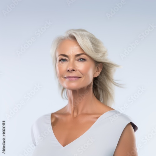 Portrait of happy senior woman looking at camera and smiling while standing against white background