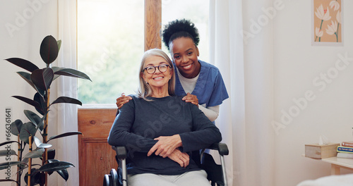 Senior care, nurse and old woman with wheelchair, portrait and smile in health at nursing home. Support, kindness and happy face of caregiver with elderly person with disability for homecare service.