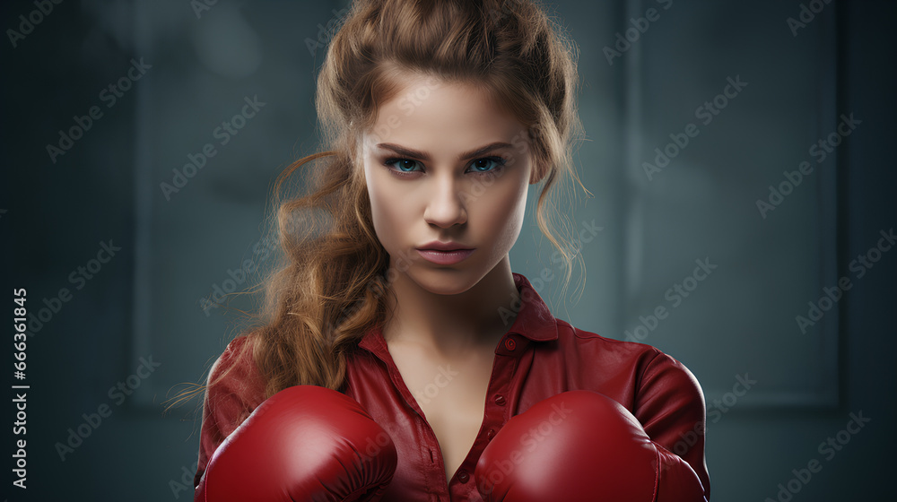 A frail looking woman is wearing red boxing gloves, serious expression, ready to fight.
A frail looking woman is wearing red boxing gloves, serious expression, ready to fight.