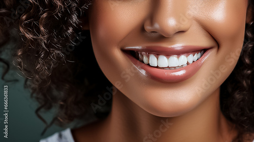 Close up Face of beautiful mixed race woman smiling with white teeth. Portrait of a woman's face with brown eyes and freckles posing with copy-space. Dental health and oral hygiene