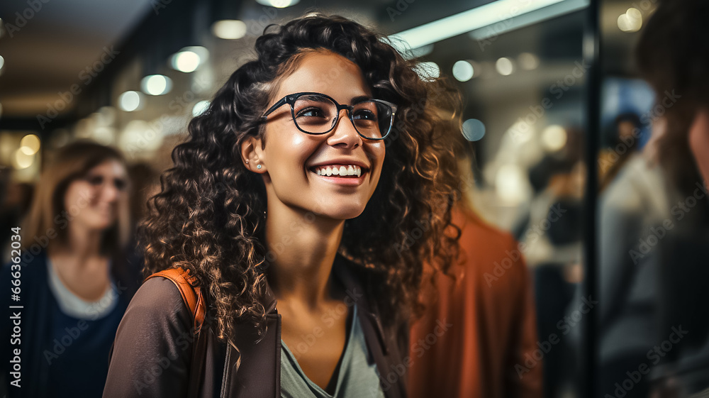 Close-up of a gorgeous young woman smiling while choosing eyeglasses at an optician in a shopping mall. Happy beautiful woman shopping for glasses Close-up of a gorgeous young woman smiling while choosing eyeglasses at an optician in a shopping mall. Happy beautiful woman shopping for glasses