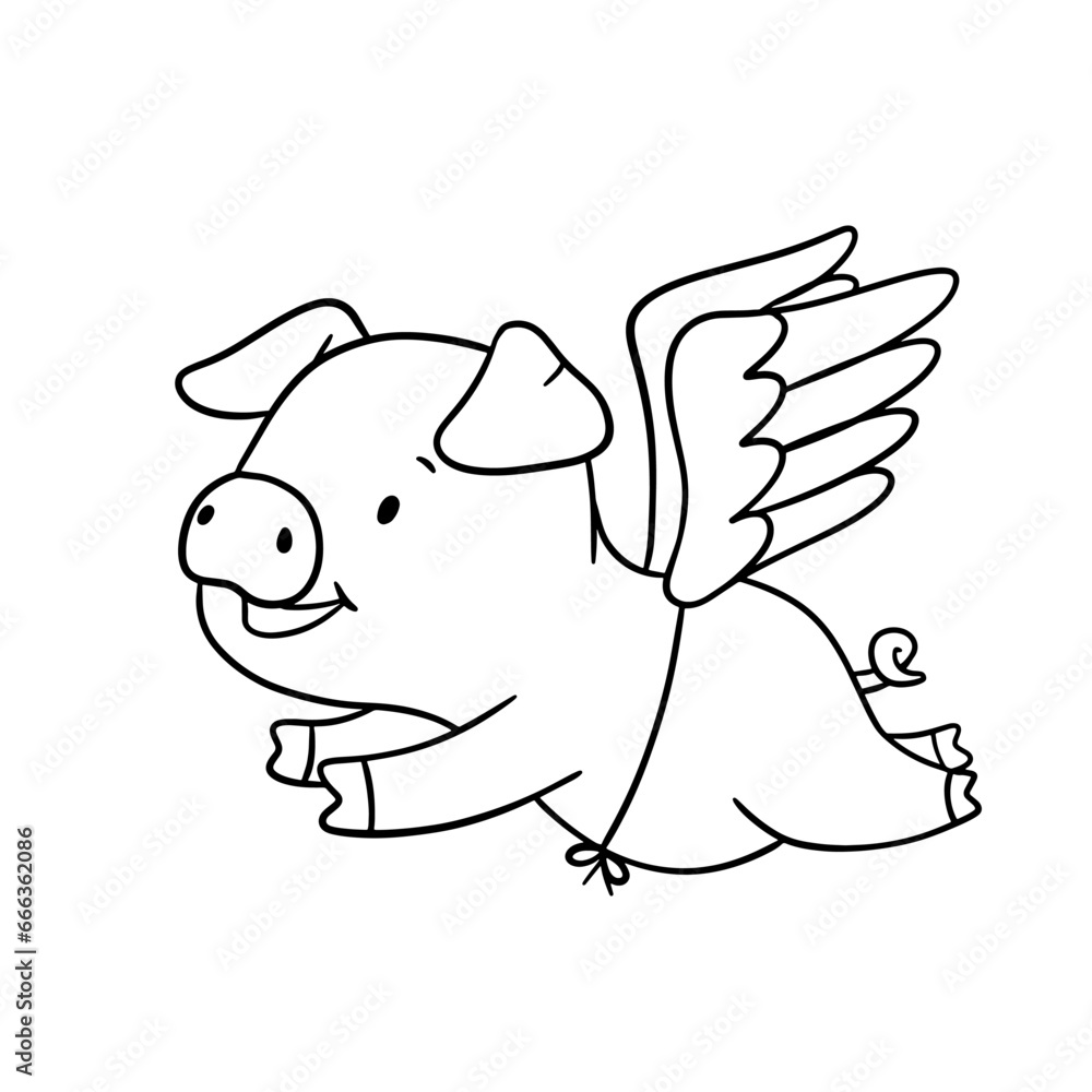 Cute outline piglet character with wings. Hand drawn illustration isolated on white background. Funny Farm animal for coloring book Cute outline piglet character with wings. Hand drawn illustration isolated on white background. Funny Farm animal for coloring book