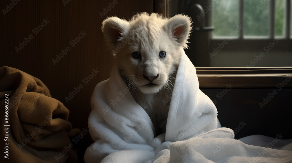 White lion cub snug in a blanket. White lion cub snug in a blanket.