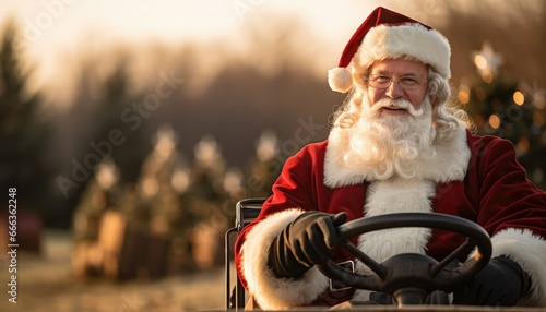 santa claus driving car  in the forest photo
