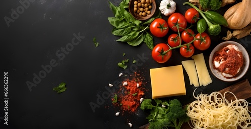 Raw ingredients and products for pasta and lasagna backdrop. Top view and flat lay of vegetables, herbs and ready lasagna meal on a black concrete stone background