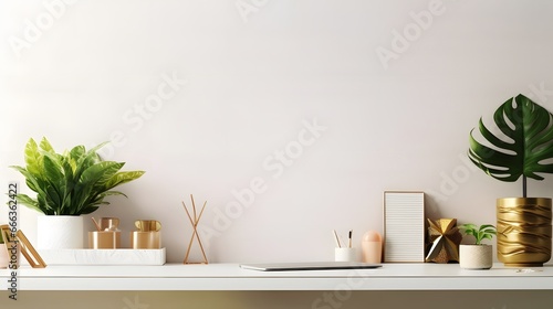 Stylish desk interior with White table background with plant and leaves. Modern home office interior panoramic banner backdrop photo