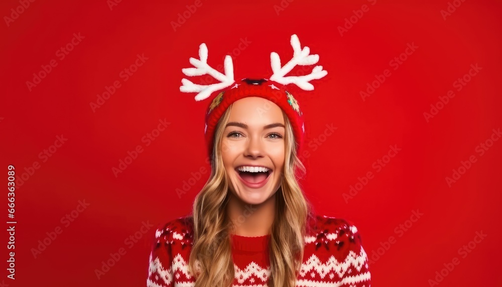 portrait young woman wearing santa hat christmas sweater and reindeer antlers headband, red background portrait young woman wearing santa hat christmas sweater and reindeer antlers headband, red background