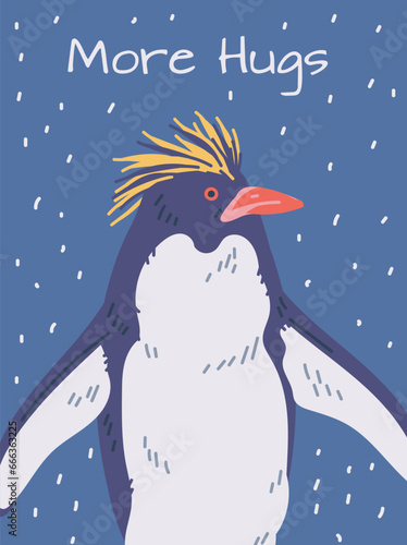 Penguin with crest, big emperor flightless seabirds of Antarctica, Arctic fauna wild animal, More hugs vector poster