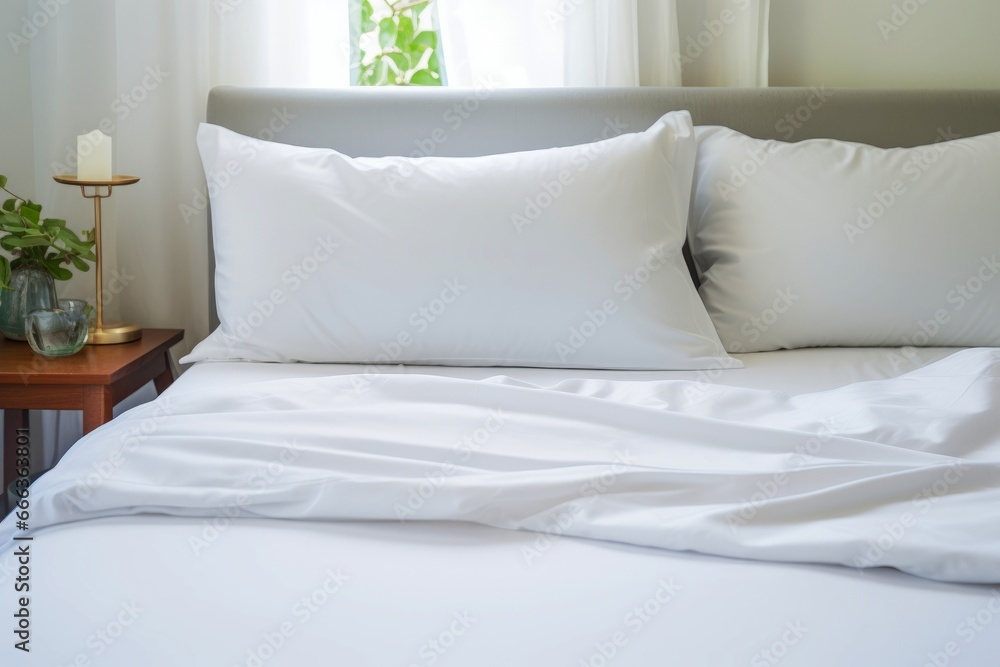 a comfortable and inviting bed with crisp white sheets and a fluffy pillow, Clean and uncluttered bedroom. Comfort and relax concept. a comfortable and inviting bed with crisp white sheets and a fluffy pillow, Clean and uncluttered bedroom. Comfort and relax concept.