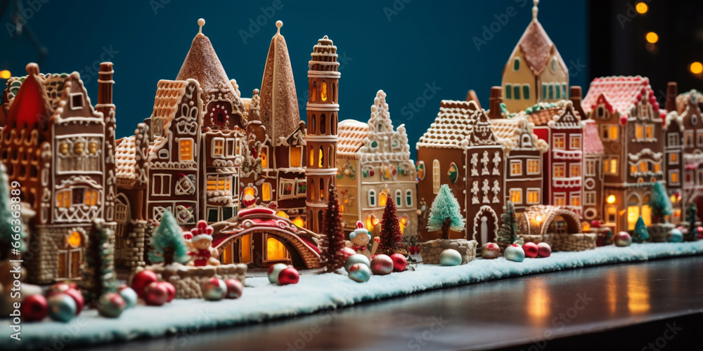  Christmas Gingerbread Village Display With A Snowy Bridge And Lanterns s Christmas new year snow houses.AI Generative 
