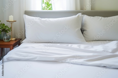 a comfortable and inviting bed with crisp white sheets and a fluffy pillow, Clean and uncluttered bedroom. Comfort and relax concept.