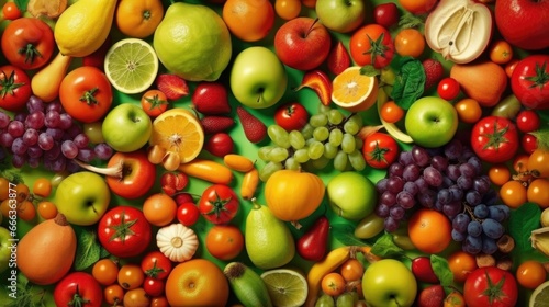 Top view of Different fresh organic vegetables and fruits. Food background.