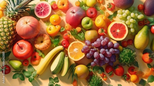 Top view of Different fresh organic vegetables and fruits. Food background. © Pungu x