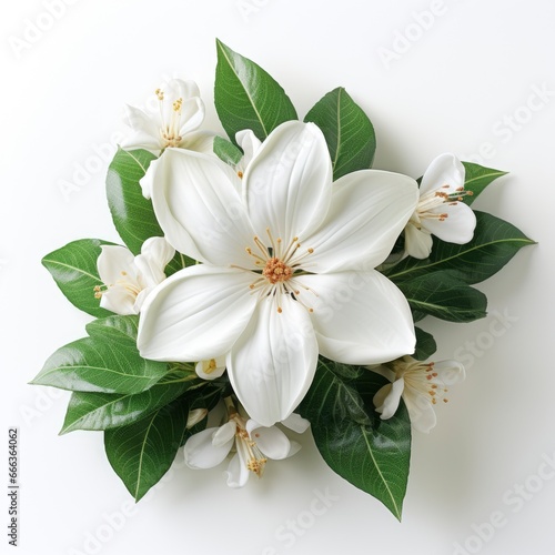 White Flower With Green Leaf Itphotorealistic Photo, Hd , On White Background  © Moon Art Pic