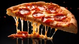 Template with delicious tasty slice of pepperoni pizza flying on black background. Generative AI