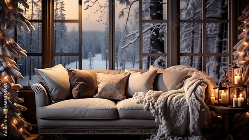 Cozy winter light interior. A sofa, pillows, a window overlooking a snowy forest and a Christmas tree with lights. Merry Christmas and New Year greeting card. © Shubby Studio