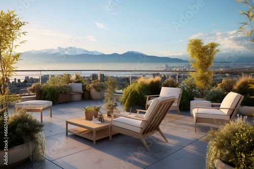Scenic rooftop featuring plants  snow-capped mountain  ocean  and patio views. Generative AI