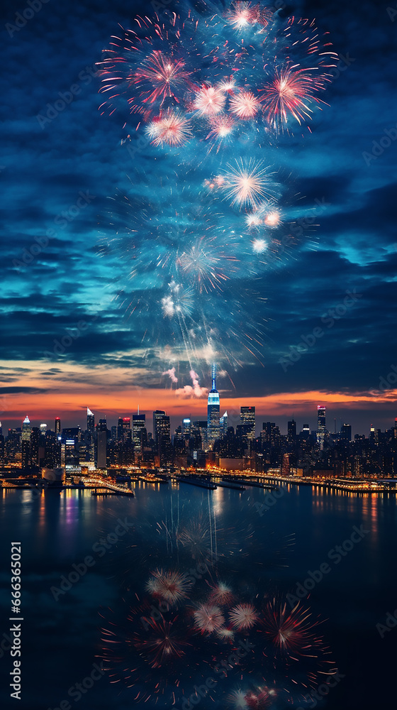 A cityscape with fireworks in the sky. New year festivities