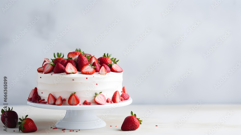 Strawberry birthday cake on white background - obrazy, fototapety, plakaty 